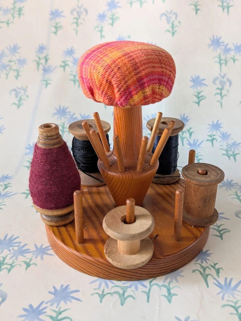 Vintage Wood Spool Holder Pincushion Mid Century Made in Sweden Sewing Caddy